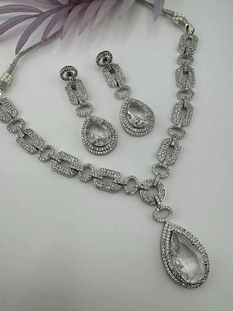 Silver polish American Diamond, Cubic Zirconia Chain style Clear Necklace set