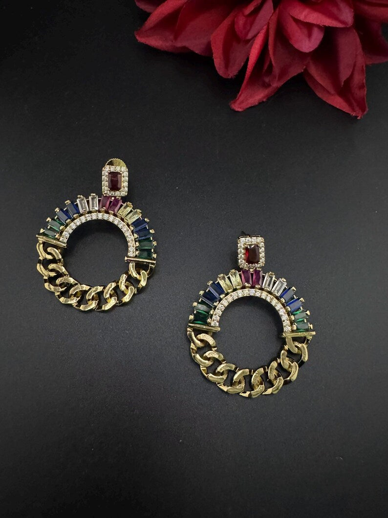 Premium earrings in Gold Chain design, with multicolor glass crystals