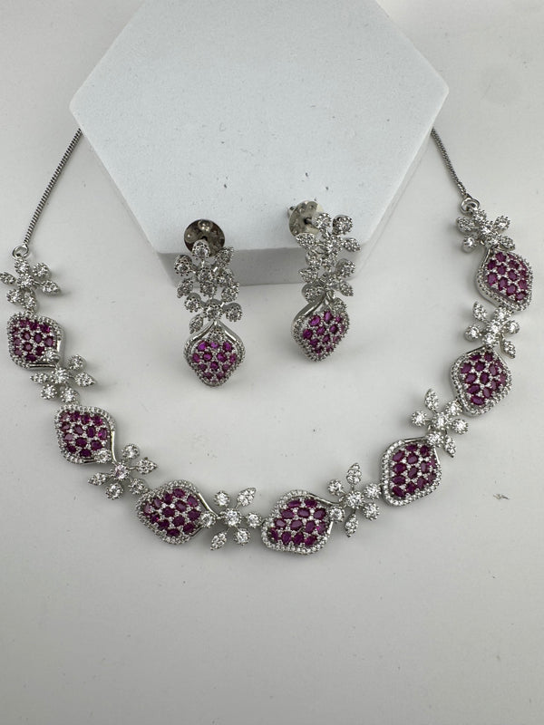 Nano Setting CZ Diamond Statement Ruby Necklace Set, White Gold Plated Choker, 3D nature inspired