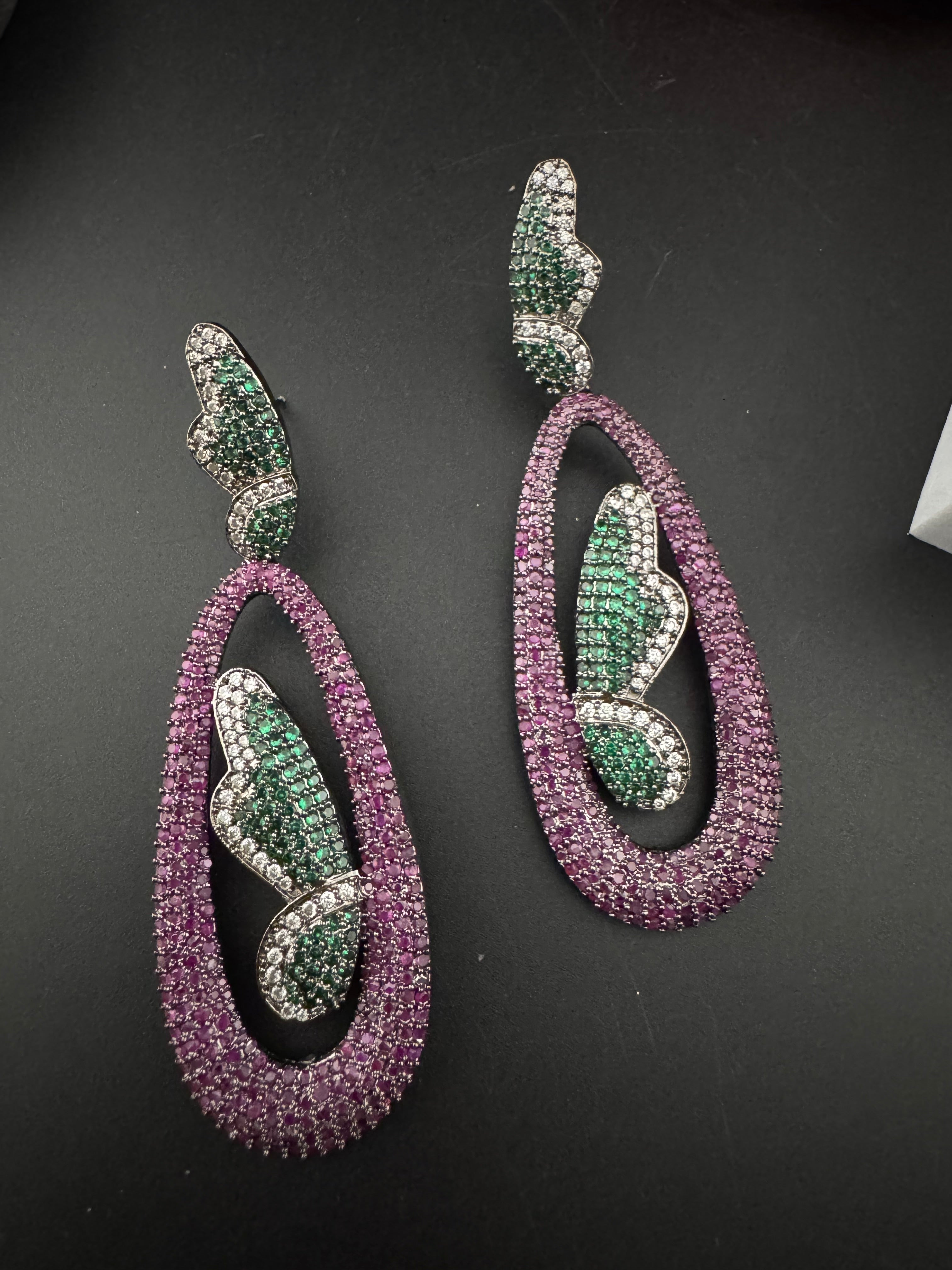 Premium Nano Setting Cubic Zirconia Victorian Long earrings in Butterfly Drop shape, designer Inspired Statement long drop dangle earrings