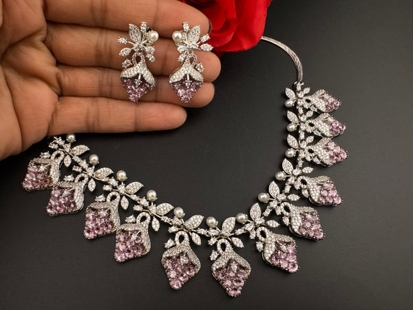 CZ Diamond Statement sleek Necklace Set, White Gold Plated Choker, 3D nature inspired
