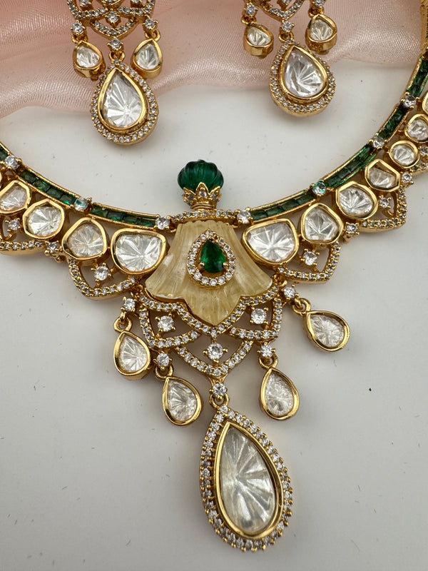 Kundan, Moissanite, MOP, CZ Flexible Gold necklace set, Indian Bridal Jewelry
