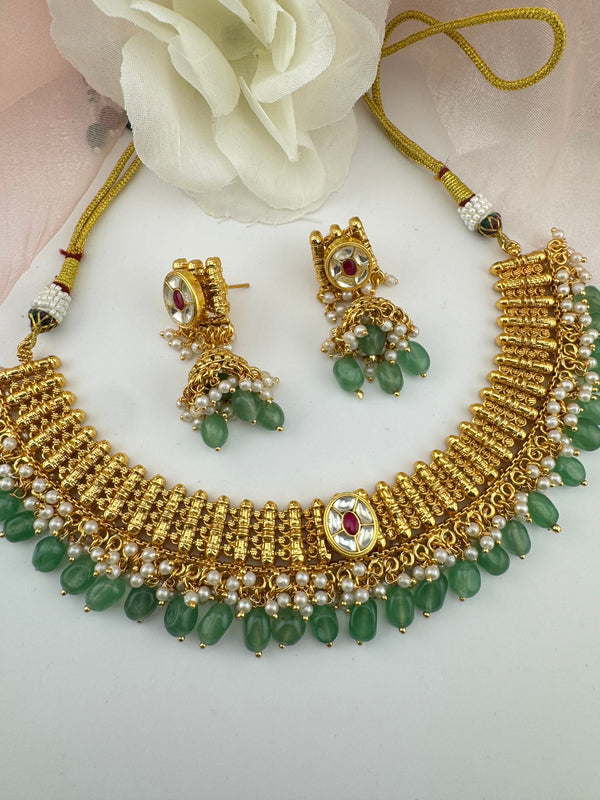 Rajwadi Gold necklace set with jhumka, in kundan and pearls, Indian Bridal Jewelry set