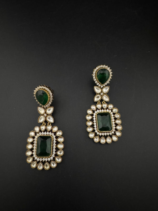 Green and Gold Kundan, Stone Chandelier Drop Earrings, Bridal, Moissanite, CZ, Designer jewelry