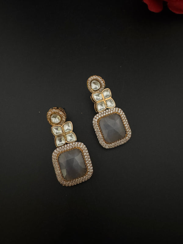 Gray and Gold Kundan, Stone Chandelier Drop Earrings, Bridal, Moissanite, CZ, Designer jewelry