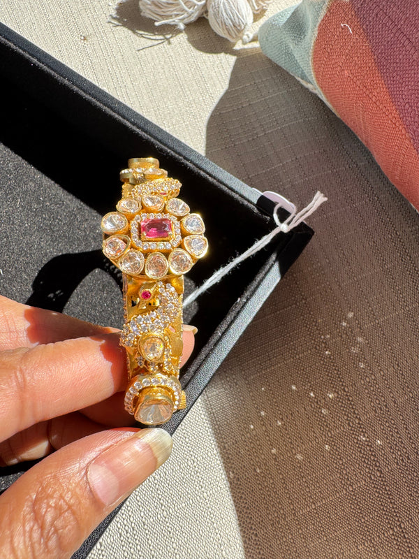 Peacock Amarapali inspired Moissanite Kundan, CZ, Stone Bracelet Bangle, Gold Polish (Fits 2.6" wrists)