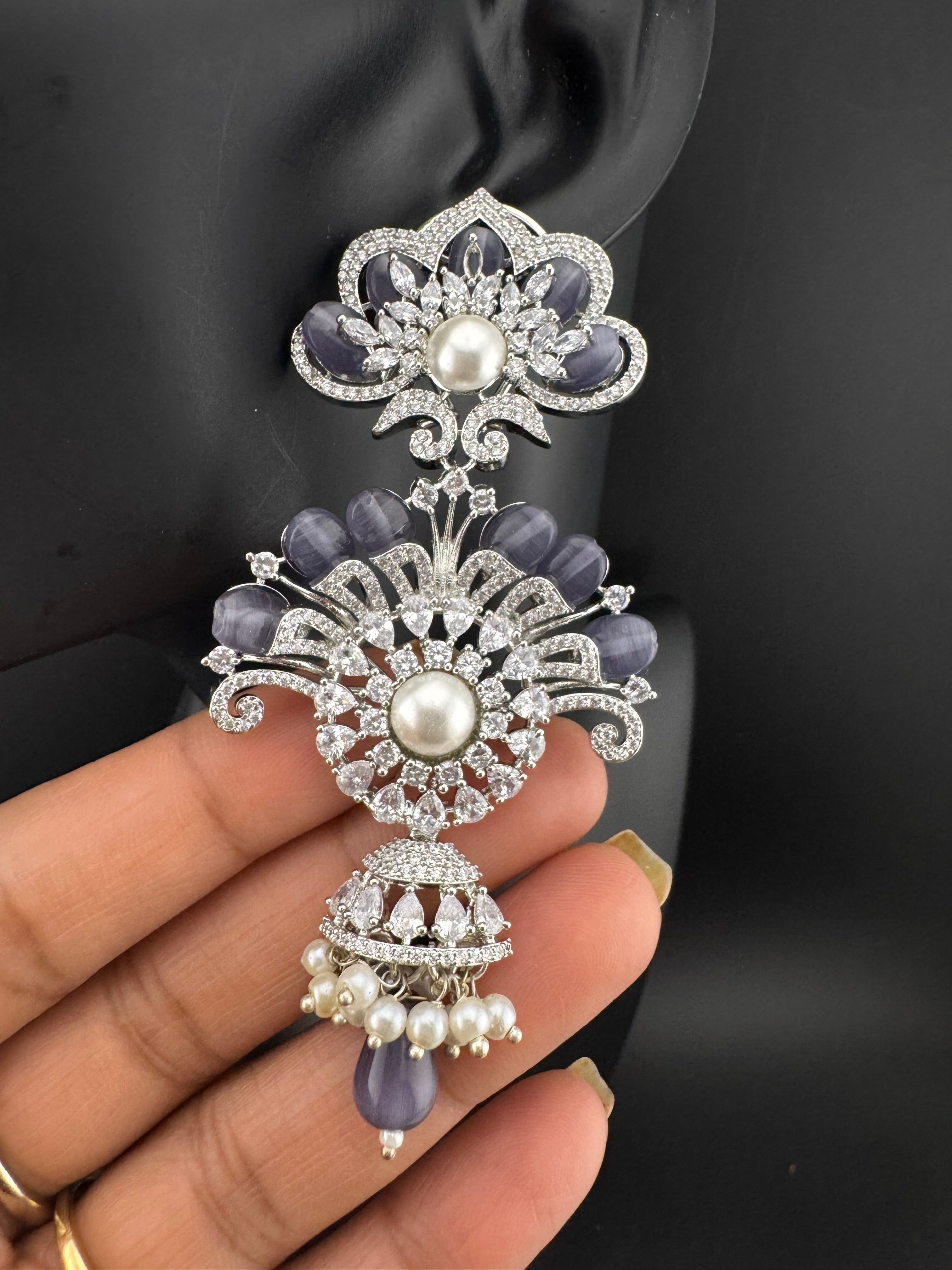 Premium Cubic Zirconia Pearl Chandelier Long earrings is designer Inspired, Statement Long Big earring, Bridal, Party, Wedding jewelry,