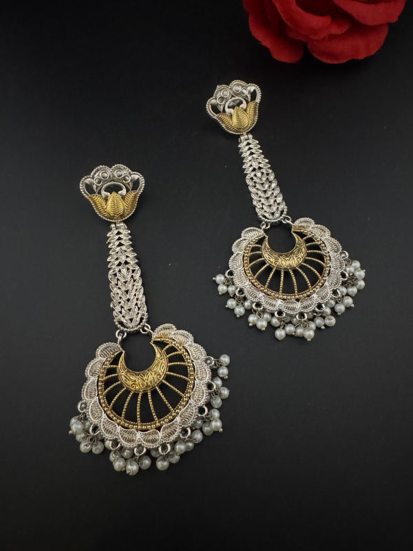 Oxidized Silver and Gold ChandBali Very long Earrings, designer jewelry