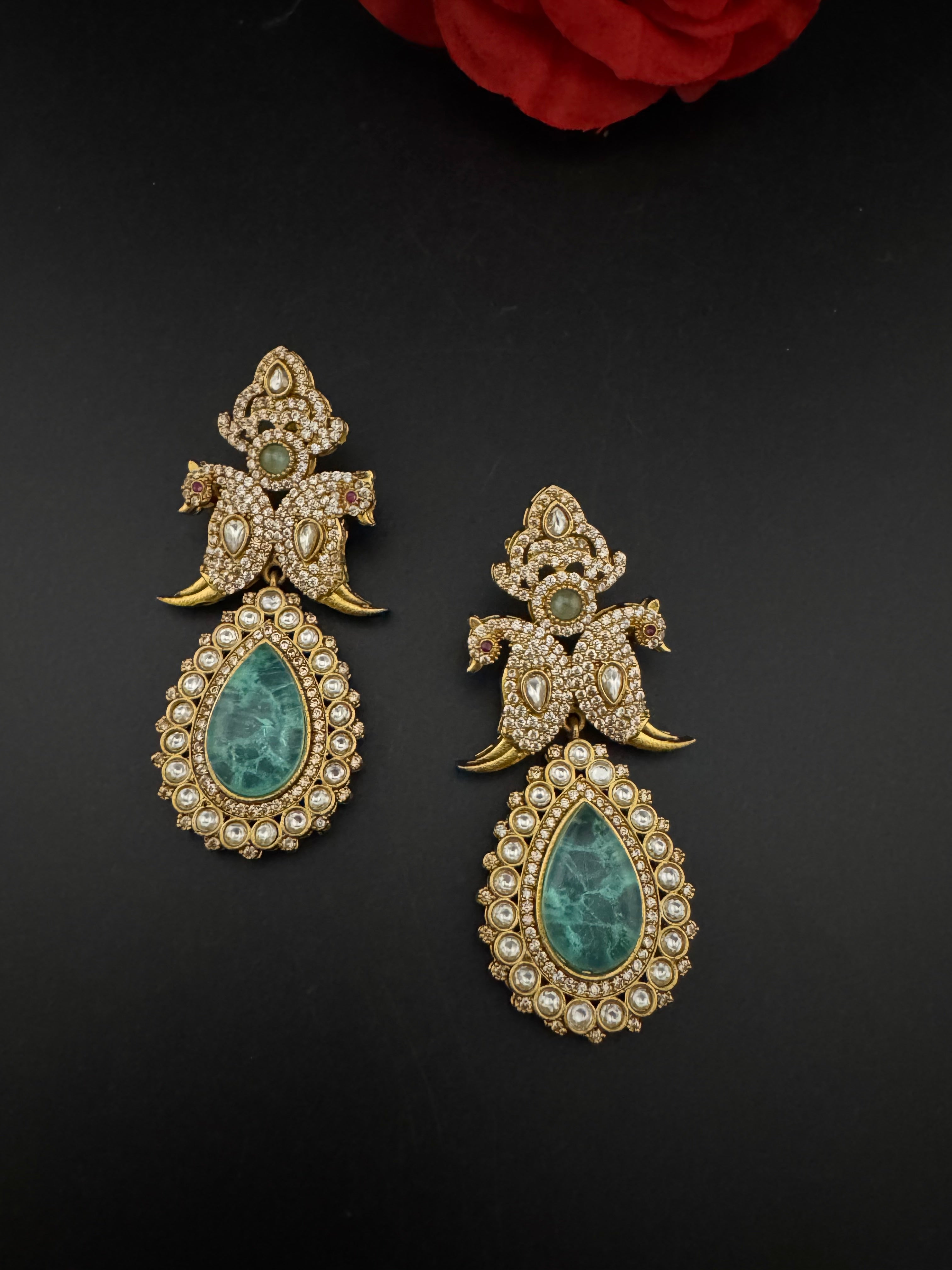 Blue Green and Gold, Doublet Stone Chandelier Long Earrings, Bridal, Moissanite, CZ, Designer jewelry