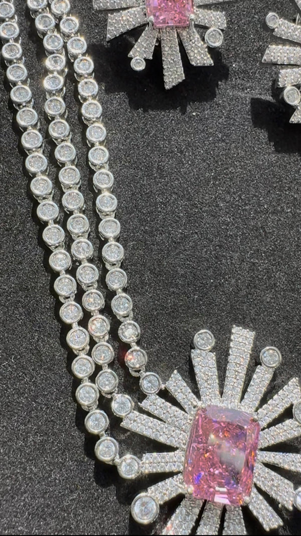 Swarovski Crystals and CZ Diamond star burst Necklace Set, White Gold Plated set