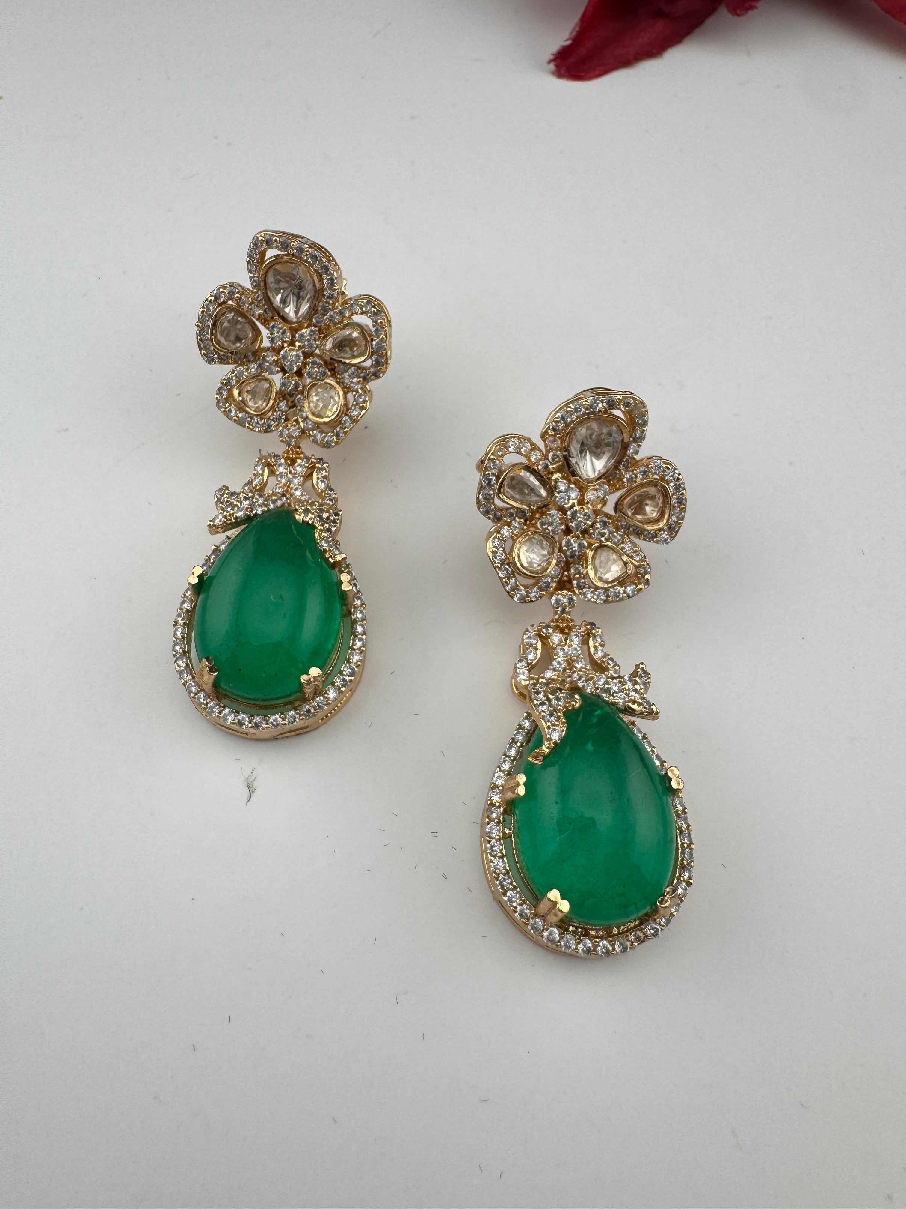 Green and Gold Kundan, Doublet Stone Chandelier Drop Earrings, Bridal, Moissanite, CZ, Designer jewelry
