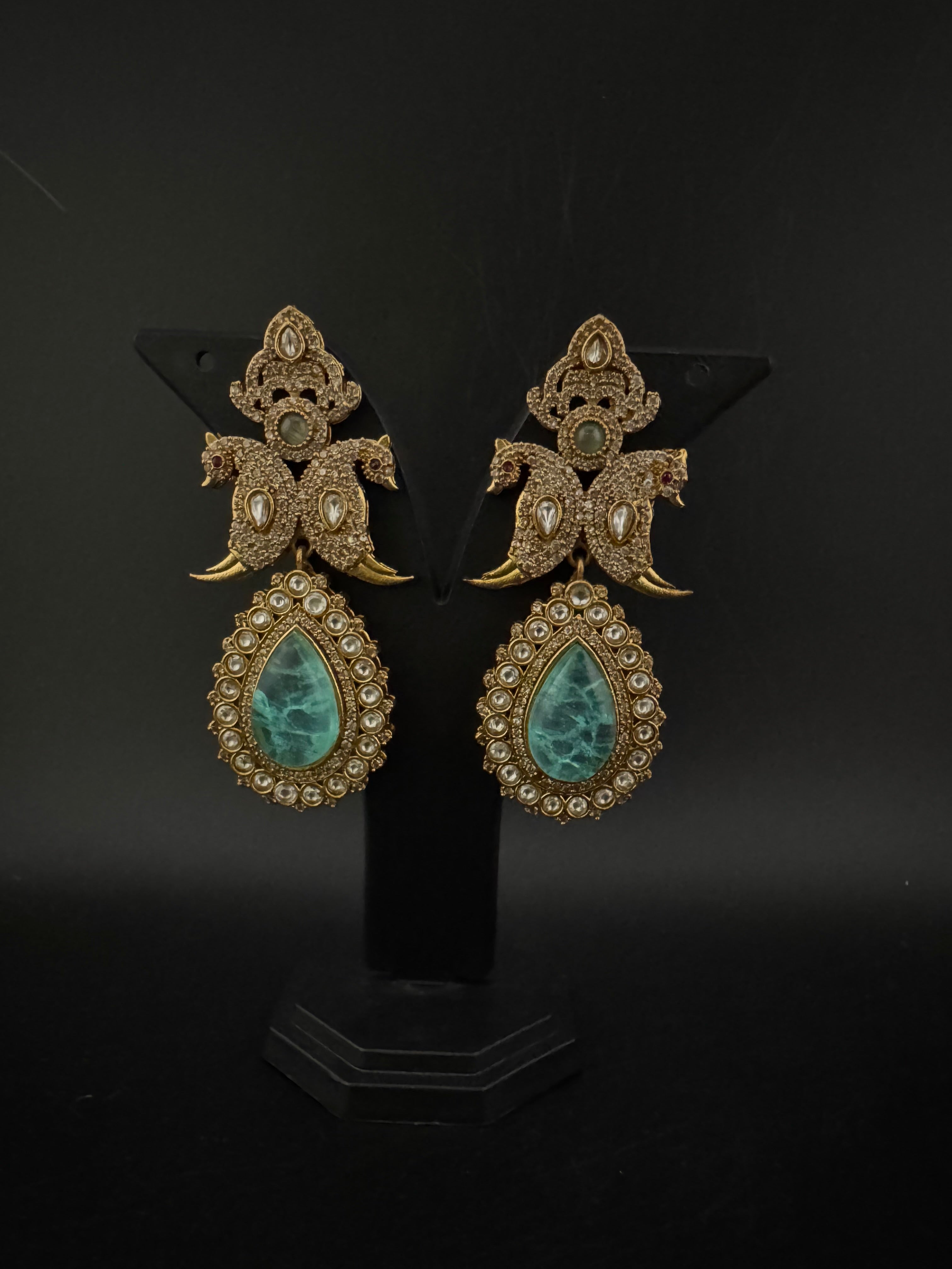 Blue Green and Gold, Doublet Stone Chandelier Long Earrings, Bridal, Moissanite, CZ, Designer jewelry