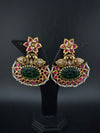 Gold and Green Carved stone, pacchi Kundan, Pearls Chandelier Chandbali Earrings, Bridal Designer jewelry