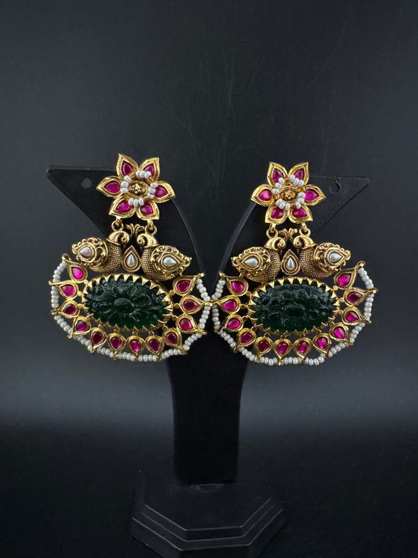 Gold and Green Carved stone, pacchi Kundan, Pearls Chandelier Chandbali Earrings, Bridal Designer jewelry
