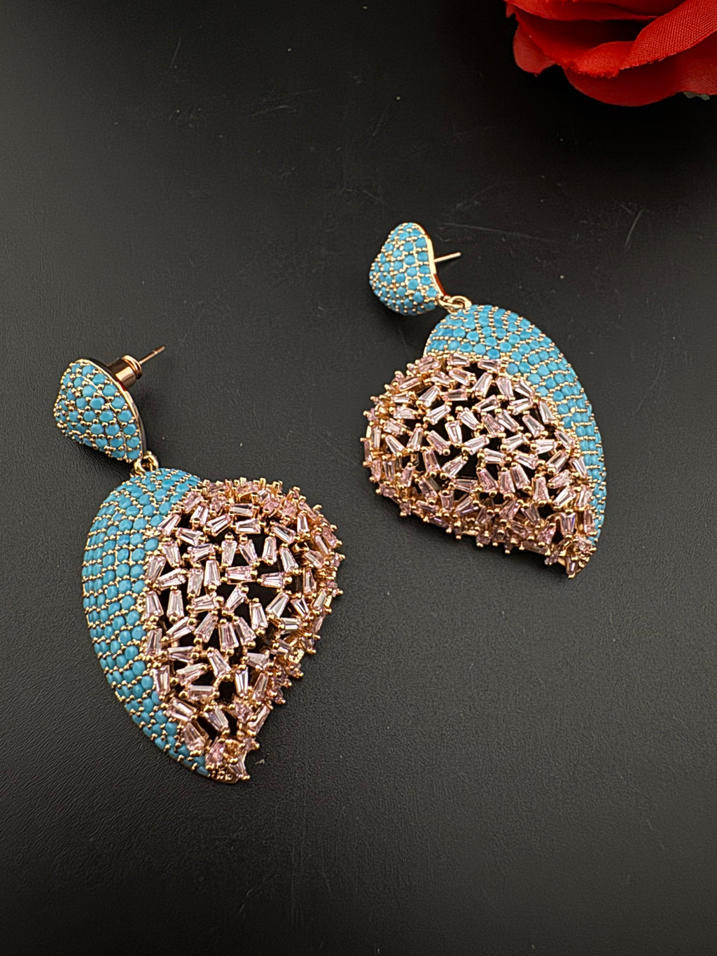 Premium Nano Setting Multicolor Cubic Zirconia, Crystal stones in Unique setting is designer Inspired Statement Heart shaped earrings