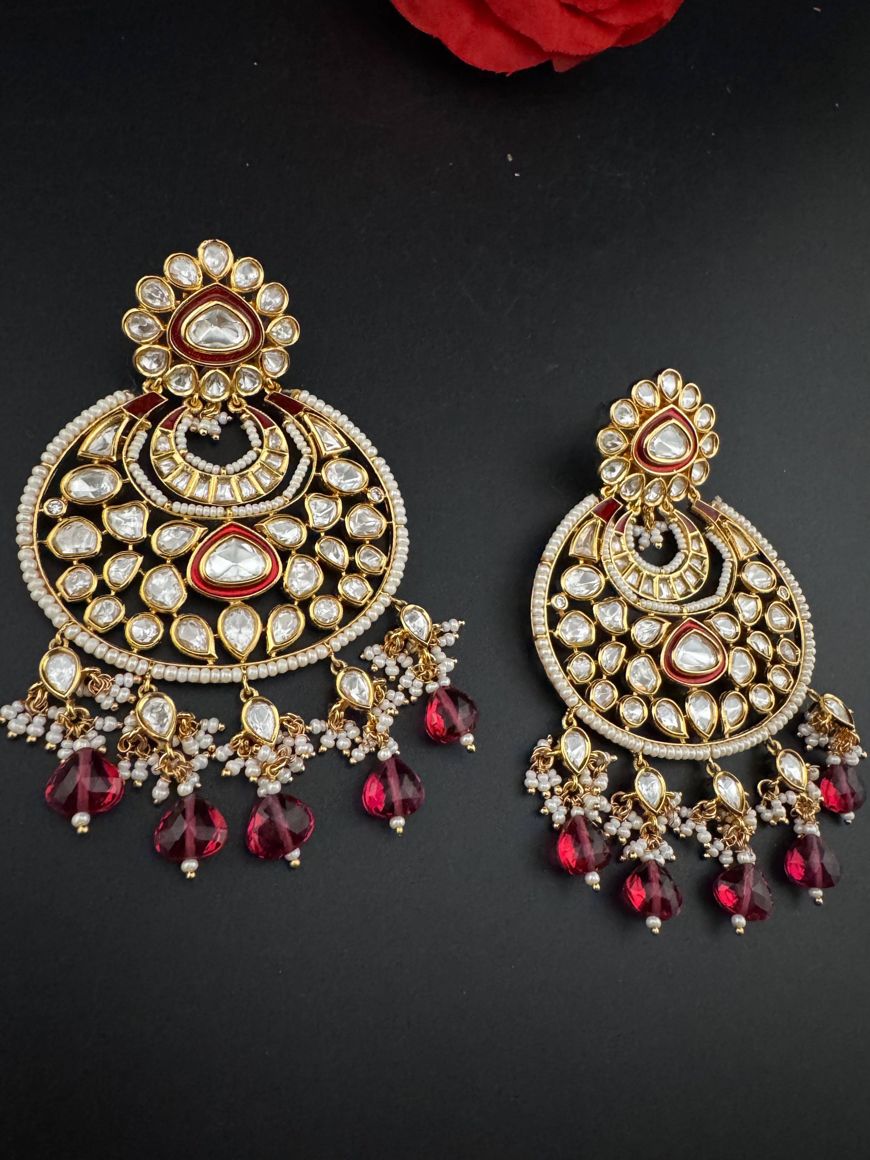 Red and Gold Kundan Chandelier Earrinngs, High shine Bridal Moissanite CZ, Shiney Gold Designer