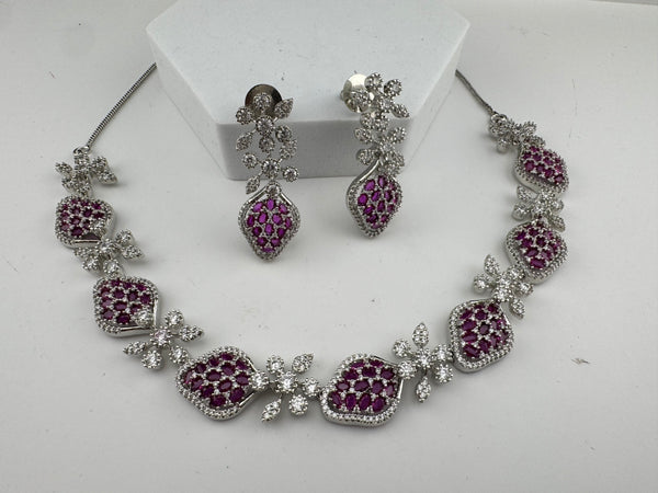 Nano Setting CZ Diamond Statement Ruby Necklace Set, White Gold Plated Choker, 3D nature inspired