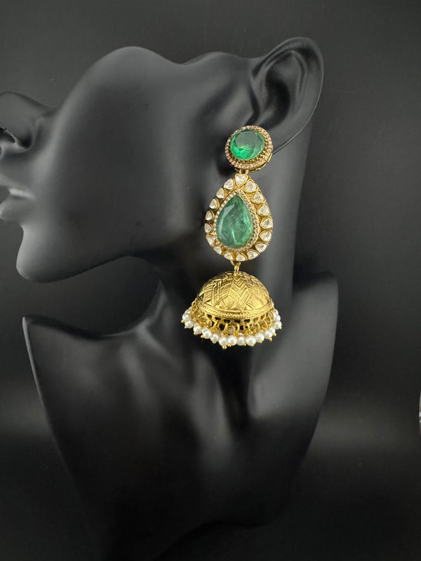 Amrapali Inspired Kundan, Doublet Stone, Pearls Long Jhumka Earrings, Matt Gold Designer Jewelry