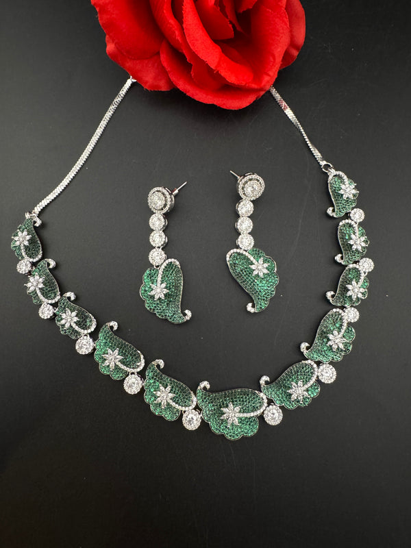 Nano Setting CZ Diamond Statement Green Necklace Set, White Gold Plated Choker, nature inspired