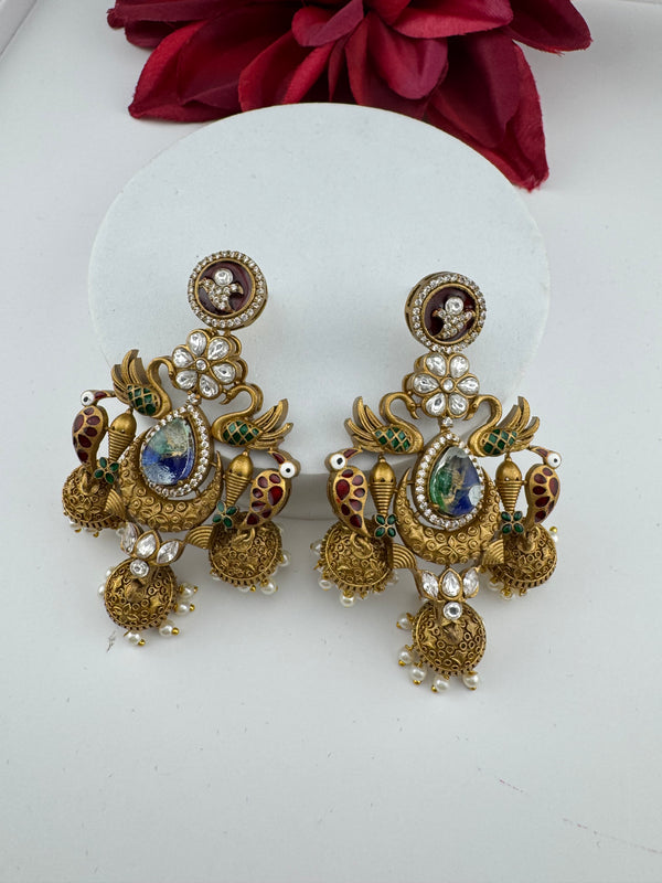 Amrapali inspired Matt Gold, Stone, Enamel, Pearl Oversized ChandBali Jhumka Earrings, designer jewelry