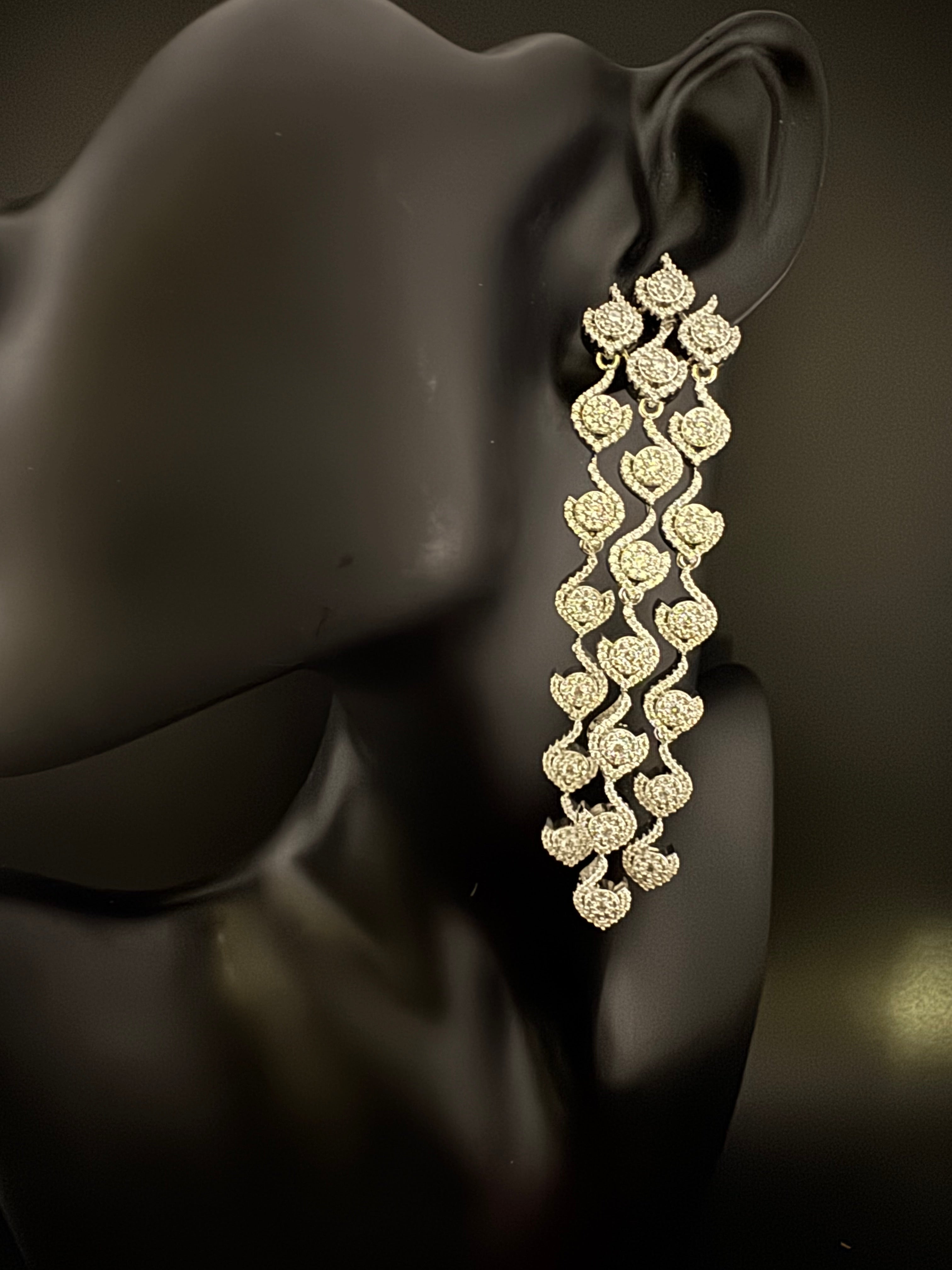 Premium Cubic Zirconia Chandelier earrings is designer Inspired, Statement Long sleek earring, Bridal, Party, Wedding jewelry, chic