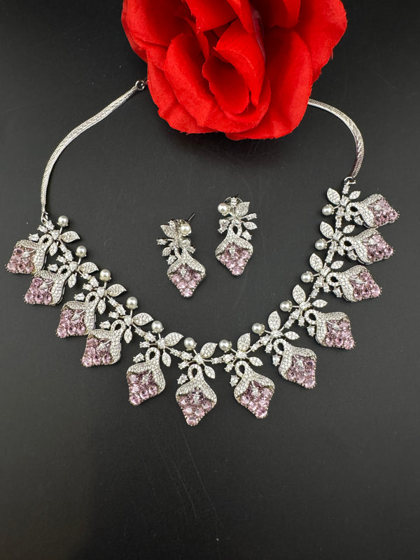 CZ Diamond Statement sleek Necklace Set, White Gold Plated Choker, 3D nature inspired