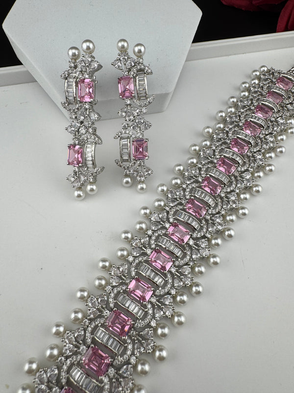 Step cut Crystals and CZ Diamond Statement Necklace Set, White Gold Plated Choker set
