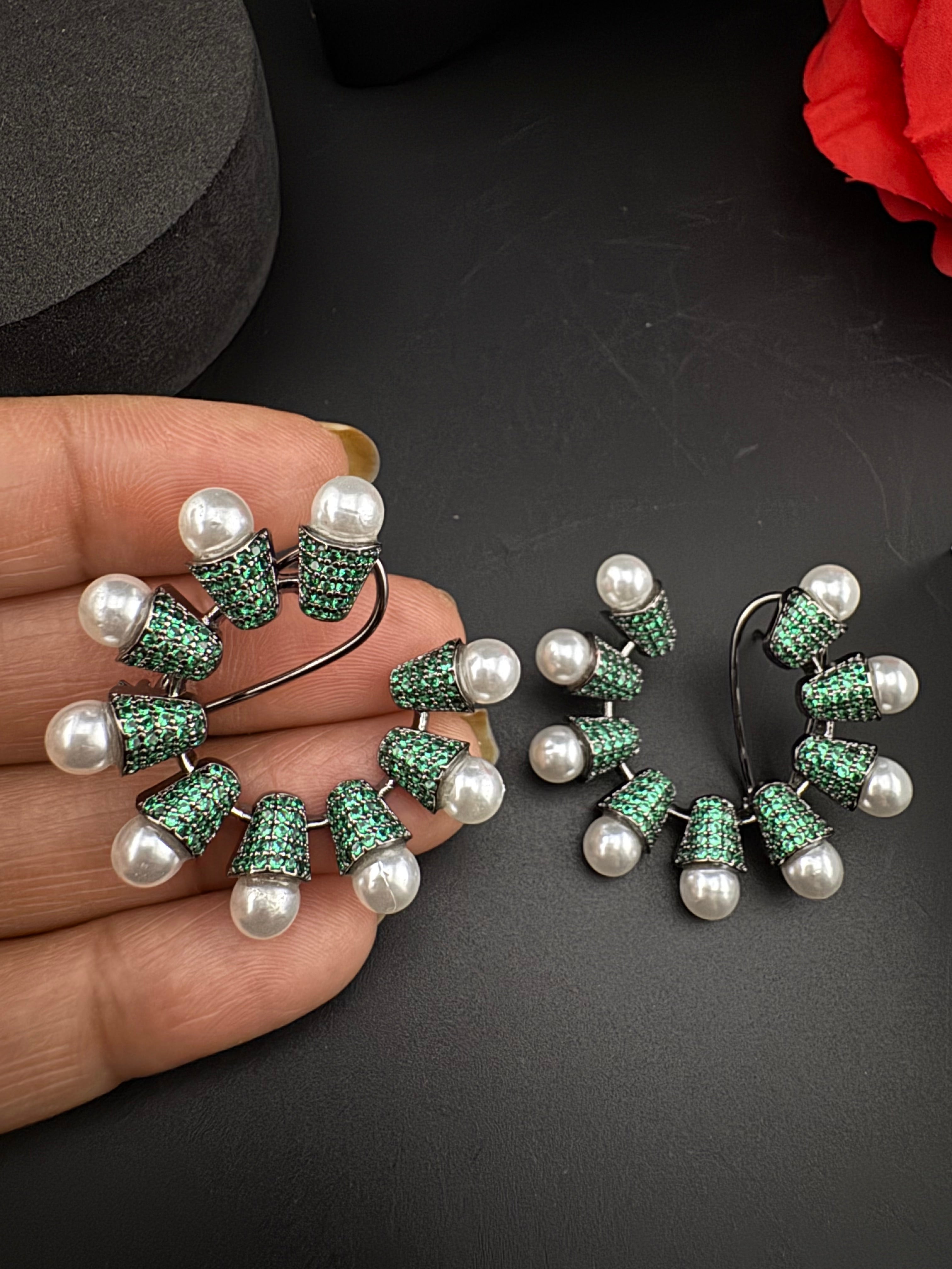 Premium Nano Setting Cubic Zirconia pearl Oversized Studs earrings in silver color is designer Inspired Statement earring/Bridal, Indian