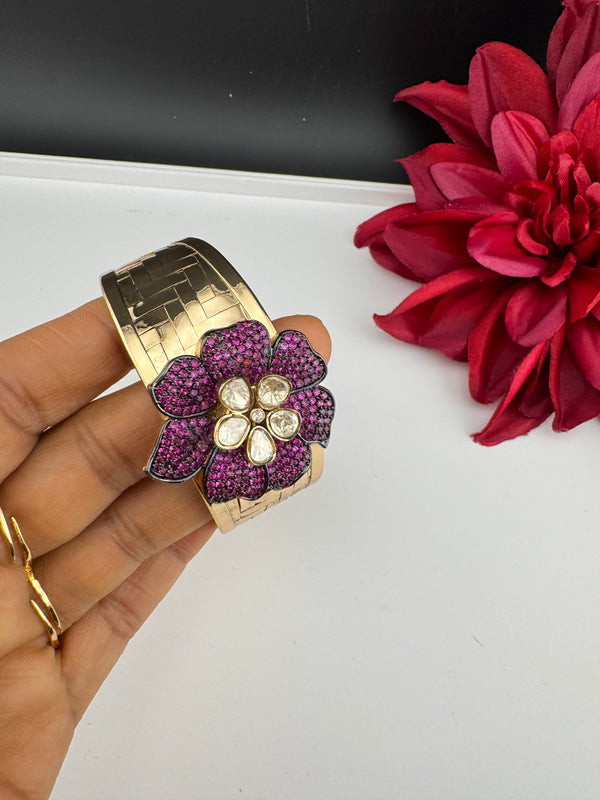 Moissanite Kundan, CZ Nano Setting Cuff Bracelet Bangle, Gold Polish Bangle (Fits 2.6" Diameter)
