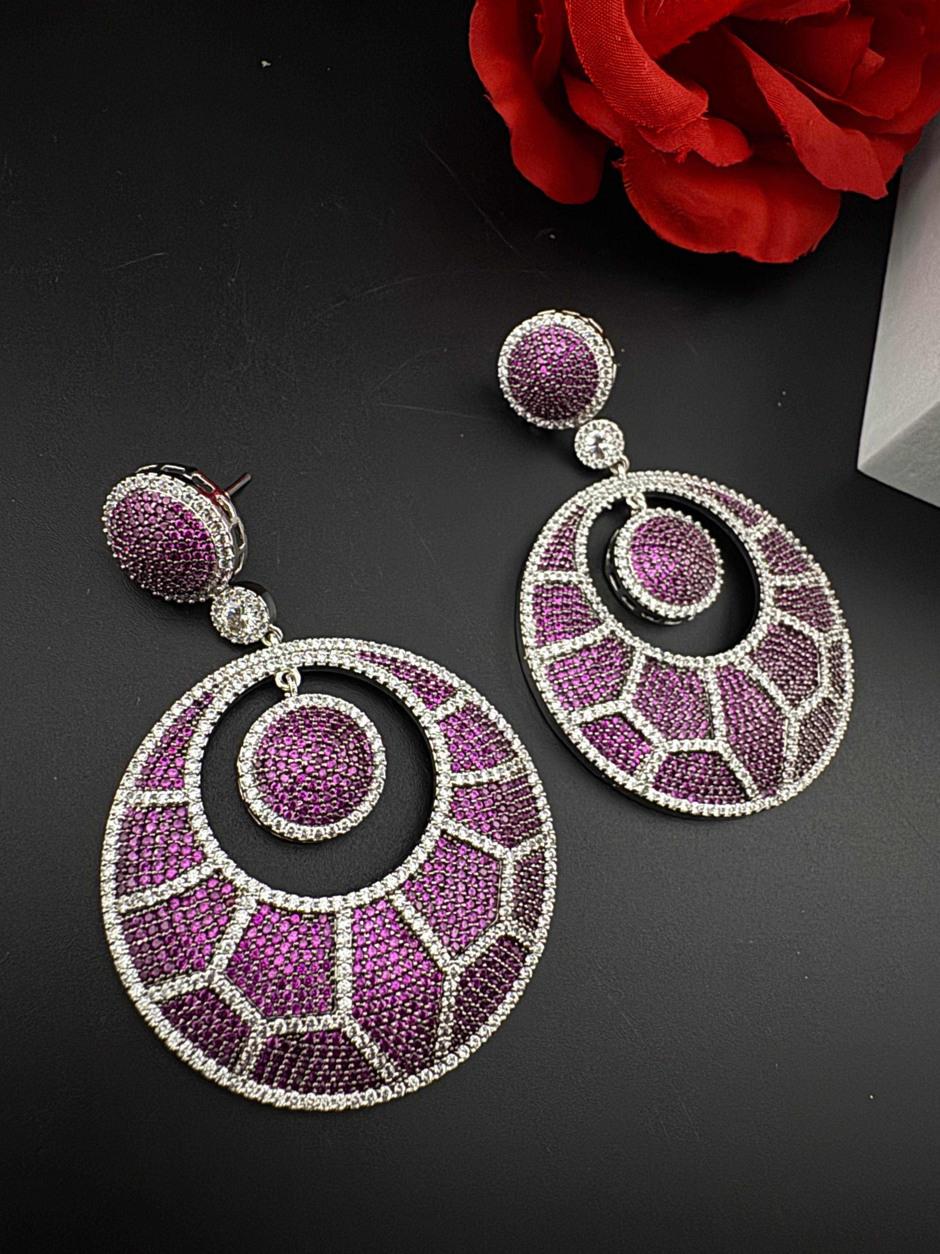 Premium Nano Setting of Cubic Zirconia in silver is designer Inspired Statement Oversized Circular Dangle earring/Bridal/bridesmaid gift