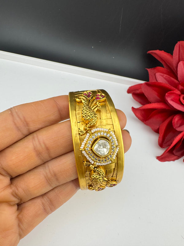 Moissanite Kundan, CZ, pearl Peacock Cuff Bracelet Bangle, Gold Polish Bangle (Fits 2.6" Diameter)