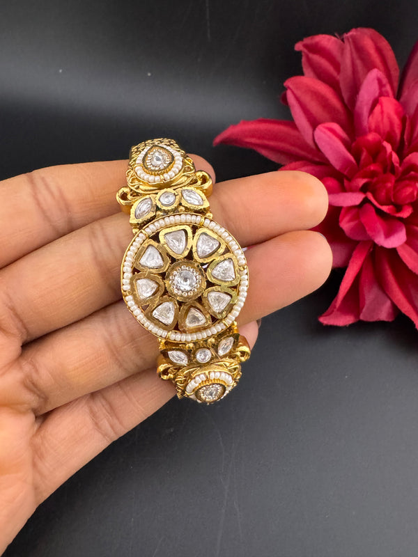 Moissanite Kundan, Pearl, CZ Designer Bracelet Bangle, Matt Gold Polish (Fits upto 2.6" Wrist)