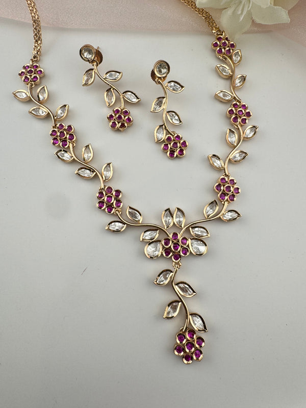 Kundan, Moissanite, stone Sleek Gold flower long necklace set, Indian Bridal Jewelry