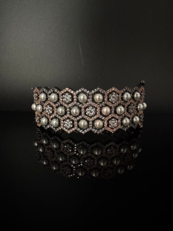 Openable Designer bracelet with Pearls, crystal stones, CZ Nano setting, Fits size upto 2.6"
