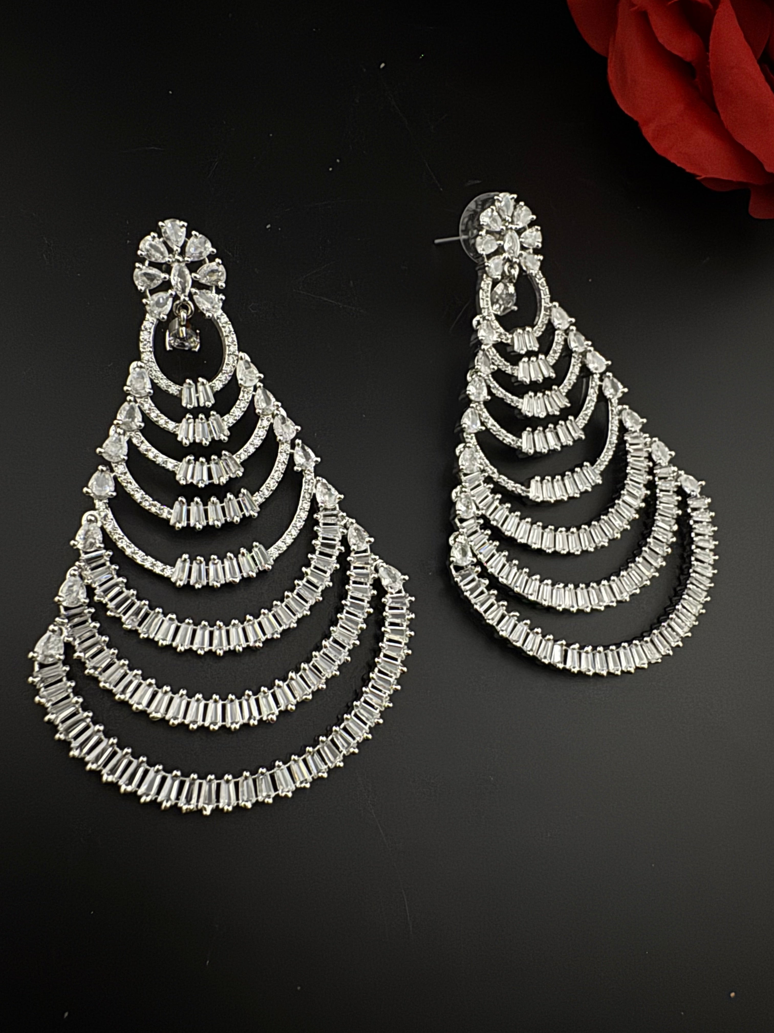 Premium Cubic Zirconia silver Chandelier Oversized earrings is designer Inspired, Statement Long earring, Bridal, Party, Wedding jewelry,
