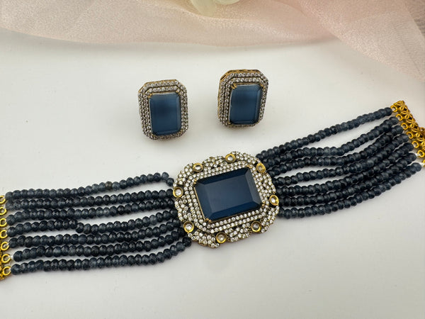 Moissanite Kundan, Hydro beads, CZ, Stones Choker necklace set, Indian Bridal Jewelry, chic set