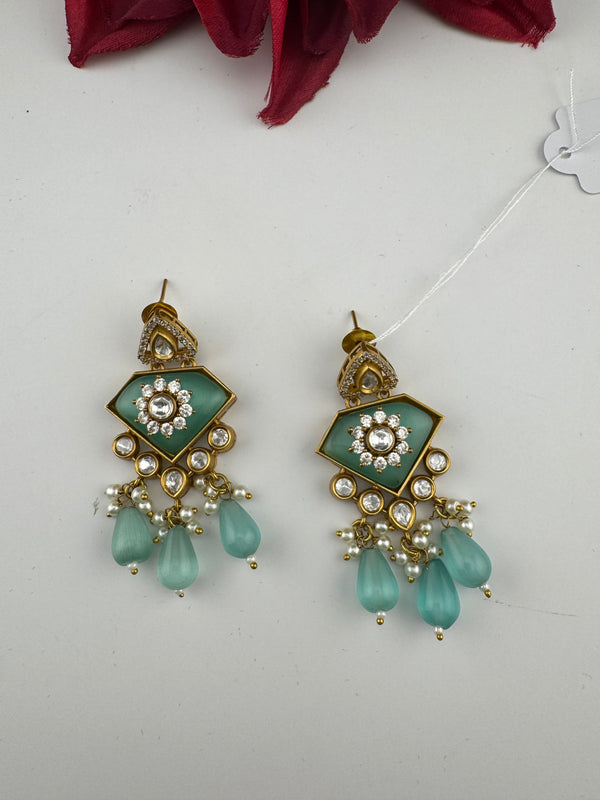 Gold Kundan, CZ, Stone, Pearls Chandelier Drop Earrings, Bridal Designer jewelry