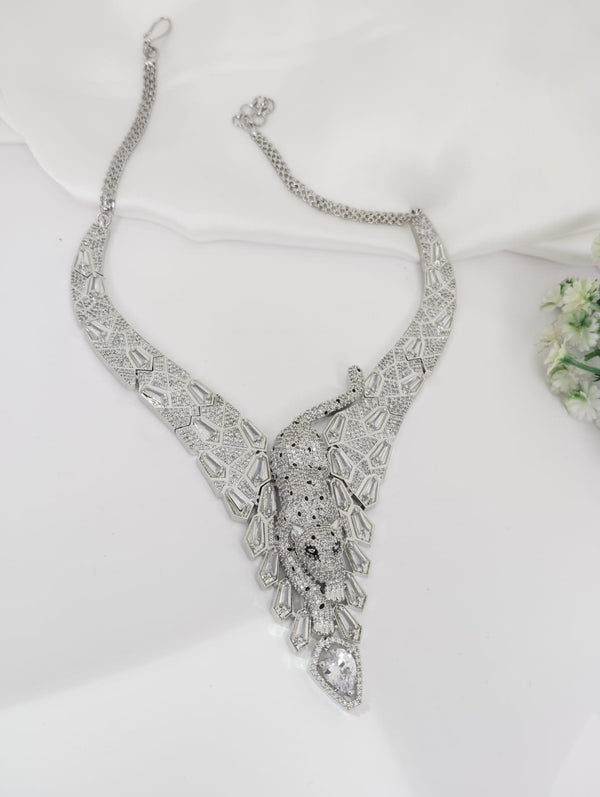 Swarovski Crystals and CZ Diamond All over Jaguar Necklace Set, White Gold Plated set