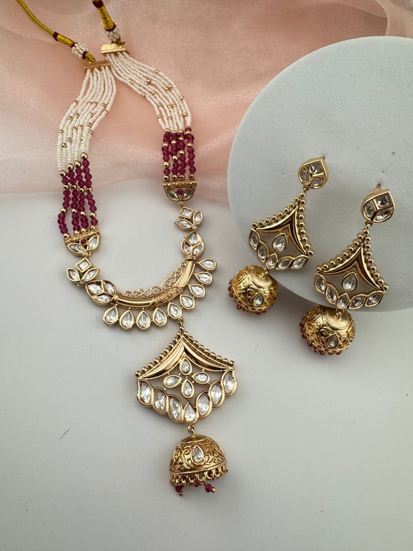 Kundan, Moissanite, Pearls Long Gold Choker necklace set, Indian Rani haar
