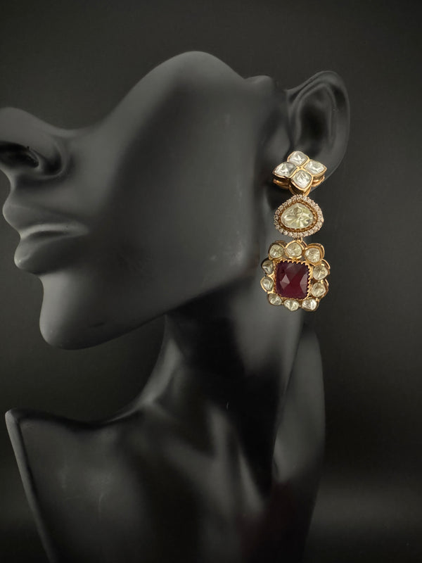 Red and Gold Kundan, Stone Chandelier Drop Earrings, Bridal, Moissanite, CZ, Designer jewelry