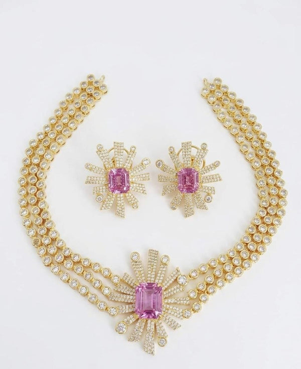 Swarovski Crystals and CZ Diamond star burst Necklace Set, Gold Plated set
