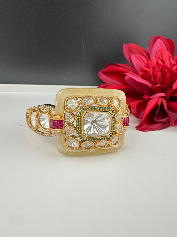 Ruby Green Moissanite Kundan, MOP, CZ Adjustable Bracelet Bangle, Gold Polish (Fits size 2.6")