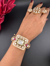 Ruby Green Moissanite Kundan, MOP, CZ Adjustable Bracelet Bangle, Gold Polish (Fits size 2.6")