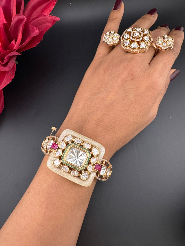 Ruby Green Moissanite Kundan, MOP, CZ Adjustable Bracelet Bangle, Gold Polish (Fits size 2.6")