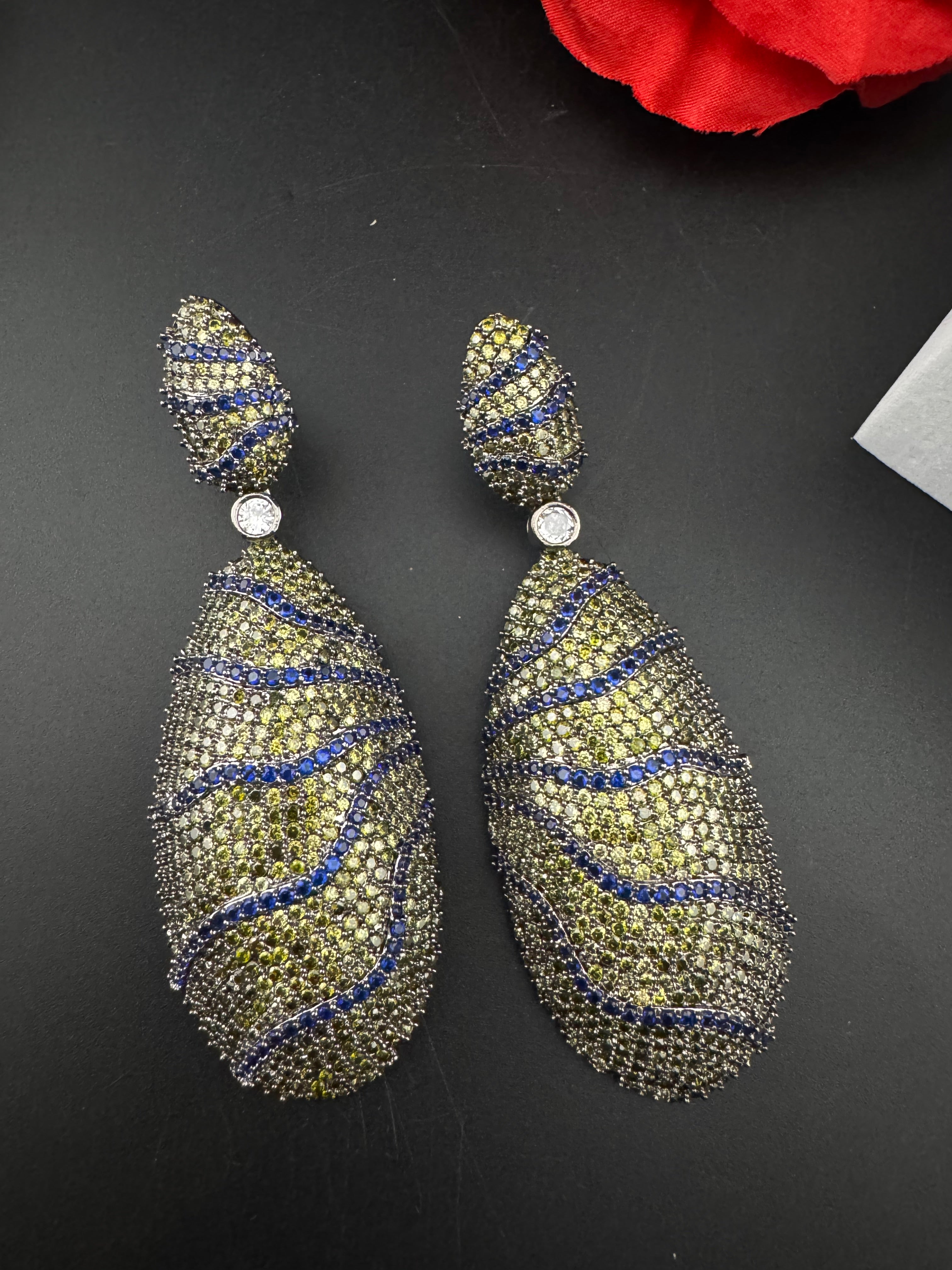 Premium Nano Setting Cubic Zirconia Victorian Long earrings in Dangle Drop shape, designer Inspired Statement long drop dangle earrings