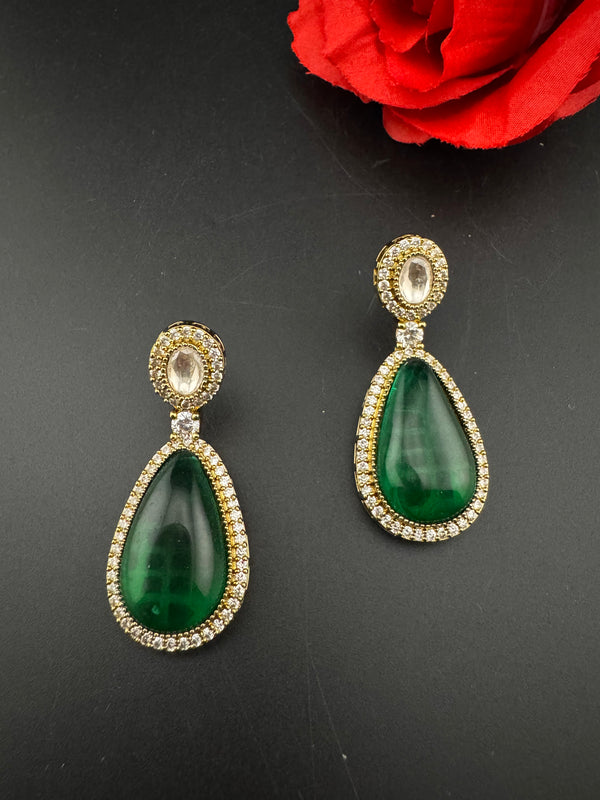 Green and Gold Kundan, Stone Chandelier Drop Earrings, Bridal, Moissanite, CZ, Designer jewelry
