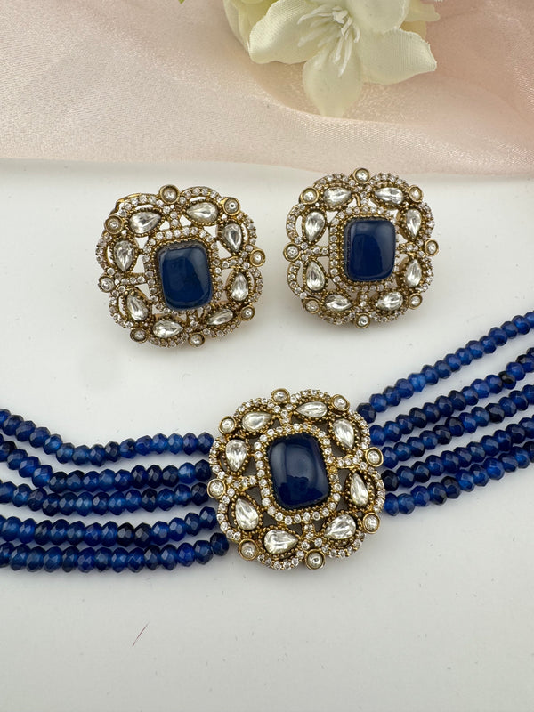 Moissanite Kundan, Hydro beads, CZ, Stones Choker necklace set, Indian Bridal Jewelry, chic set