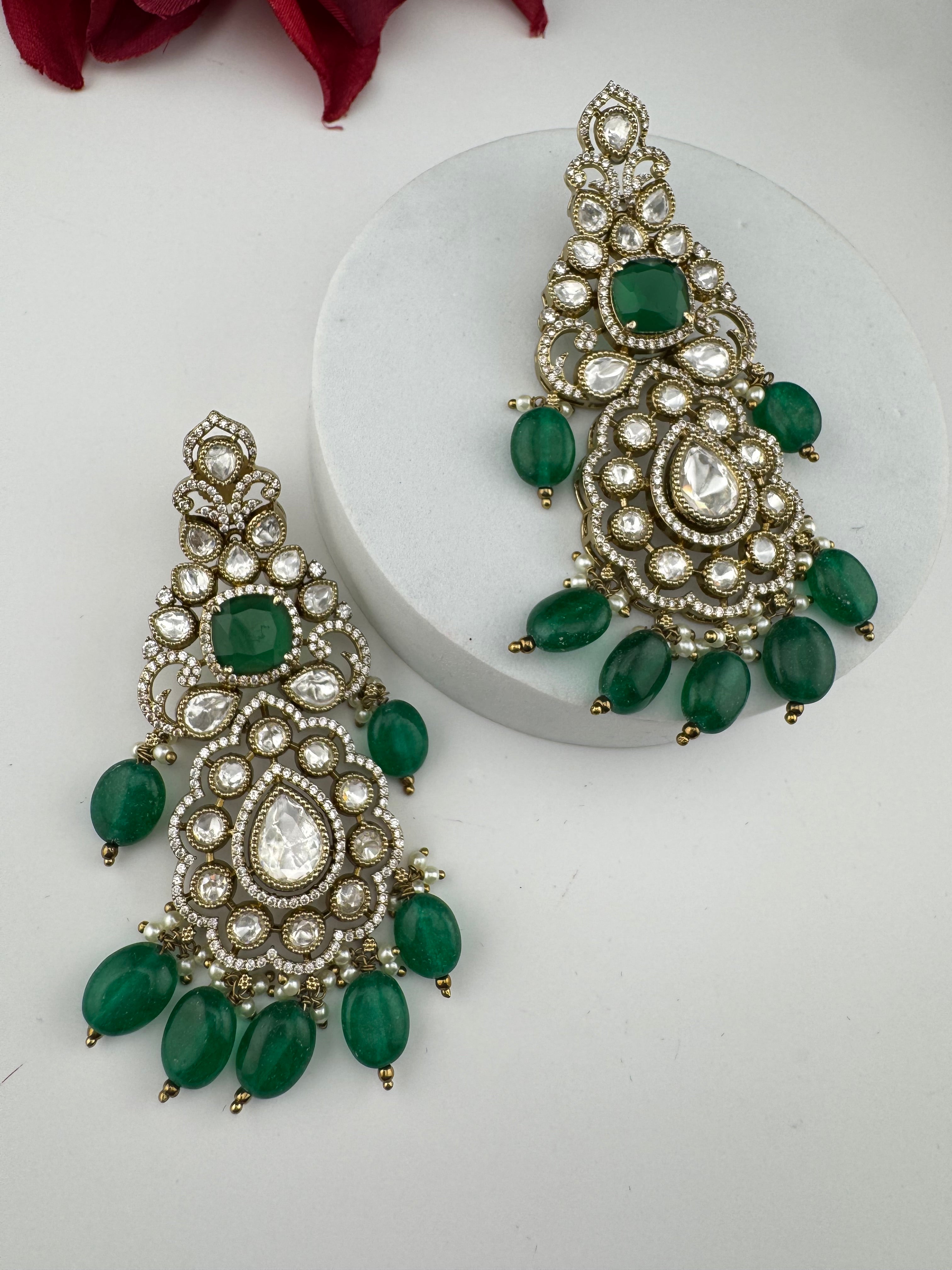 Green and Gold Kundan, Pearls Chandelier Long Earrings, Bridal, Moissanite, CZ, Designer jewelry
