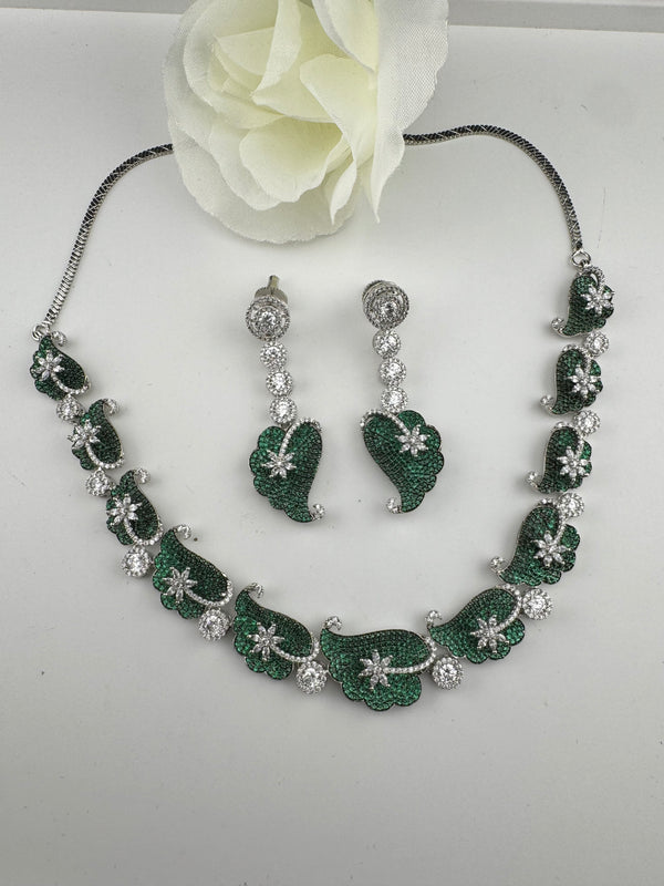 Nano Setting CZ Diamond Statement Green Necklace Set, White Gold Plated Choker, nature inspired