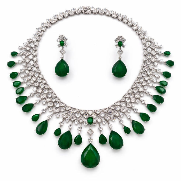Green Doublet stone, Crystals and CZ Diamond all over Necklace Set, White Gold Plated